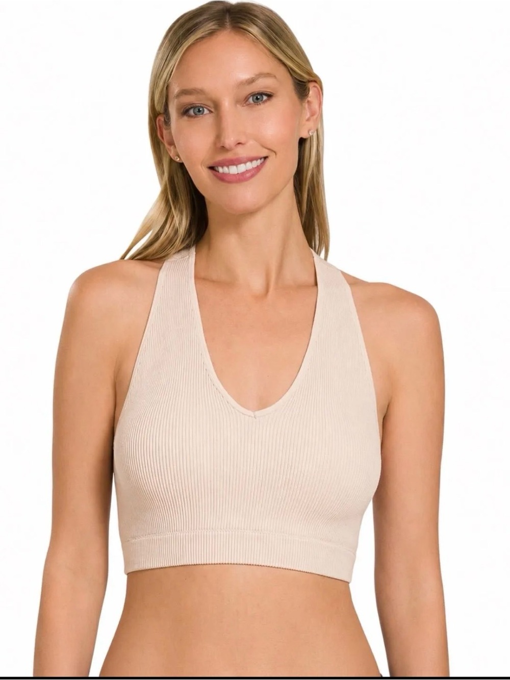 Zenana Ribbed V-Neck Bralette in Sand Beige